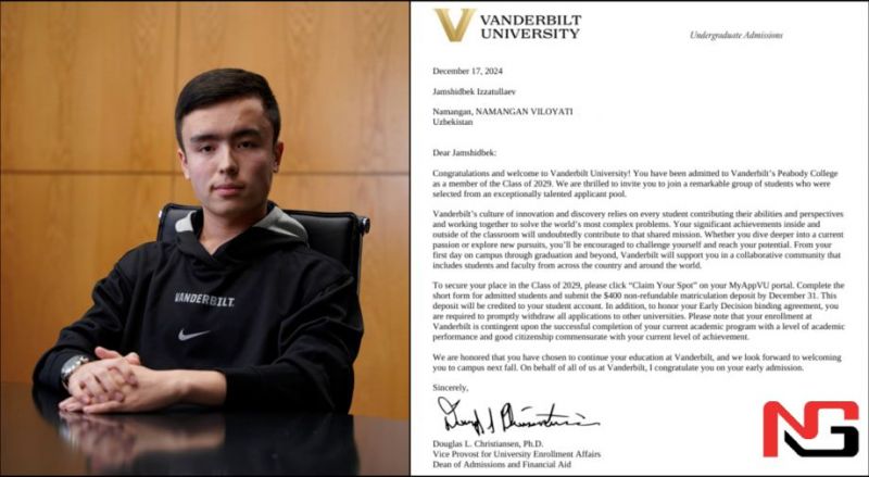 Намангандаги мактабда таҳсил олган йигит АҚШдаги нуфузли университетнинг грантини қўлга киритди